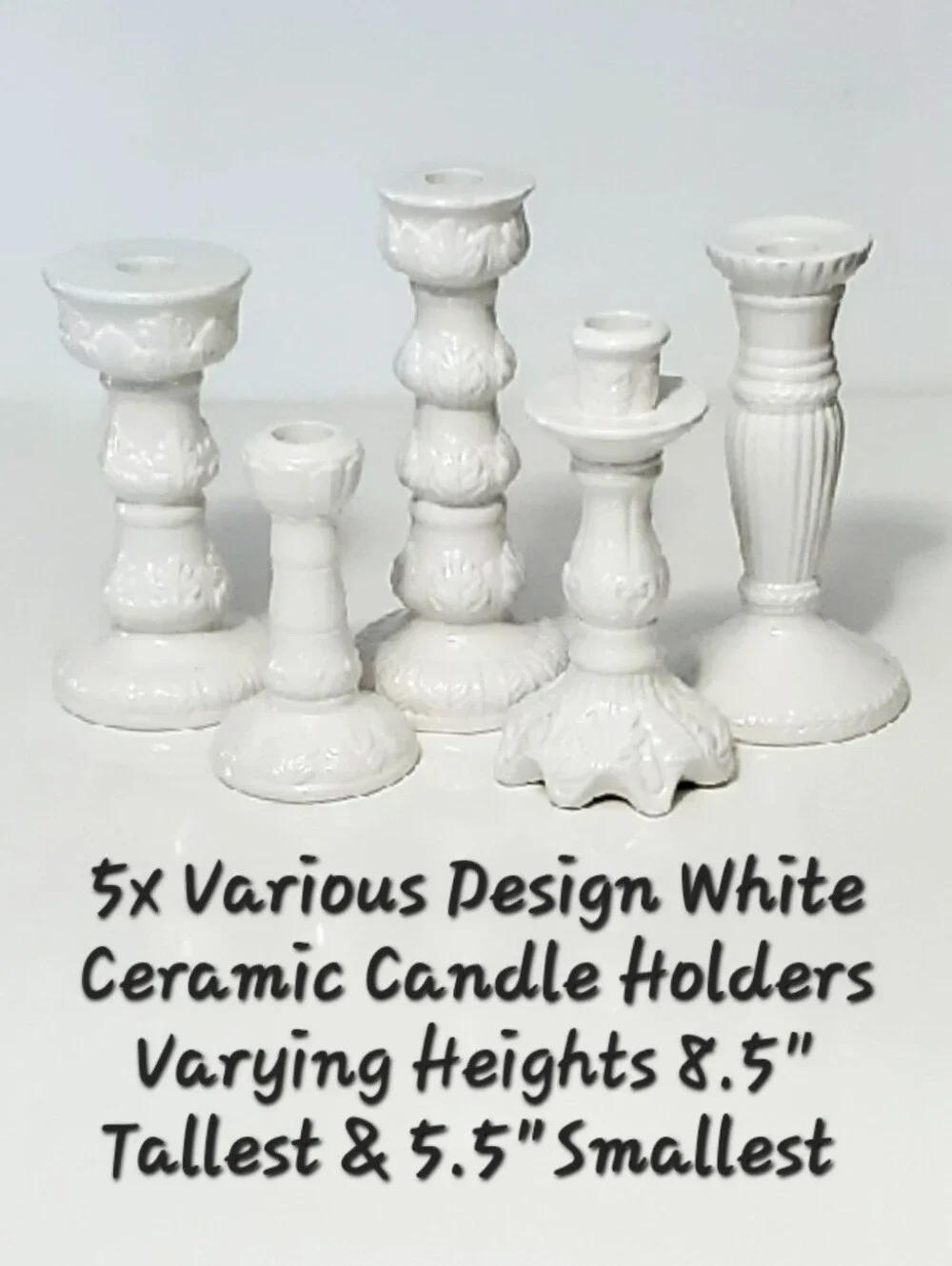 5 Pc Set White Various Design Ceramic Taper Candle Holders Varying Sizes